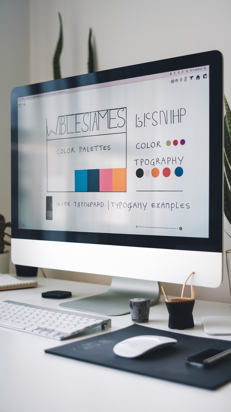 A computer screen displaying color palettes and typography examples for web design.