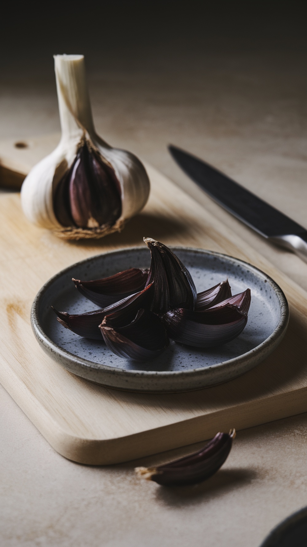 Black garlic cloves on a plate with a knife and whole garlic bulb in the background.