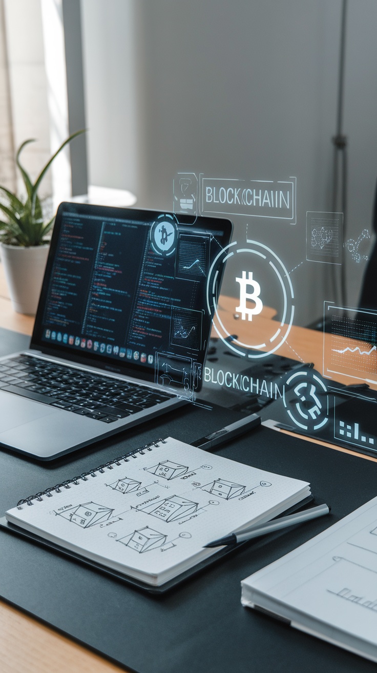 A laptop displaying blockchain code with holographic icons related to blockchain technology, surrounded by notebooks and pens