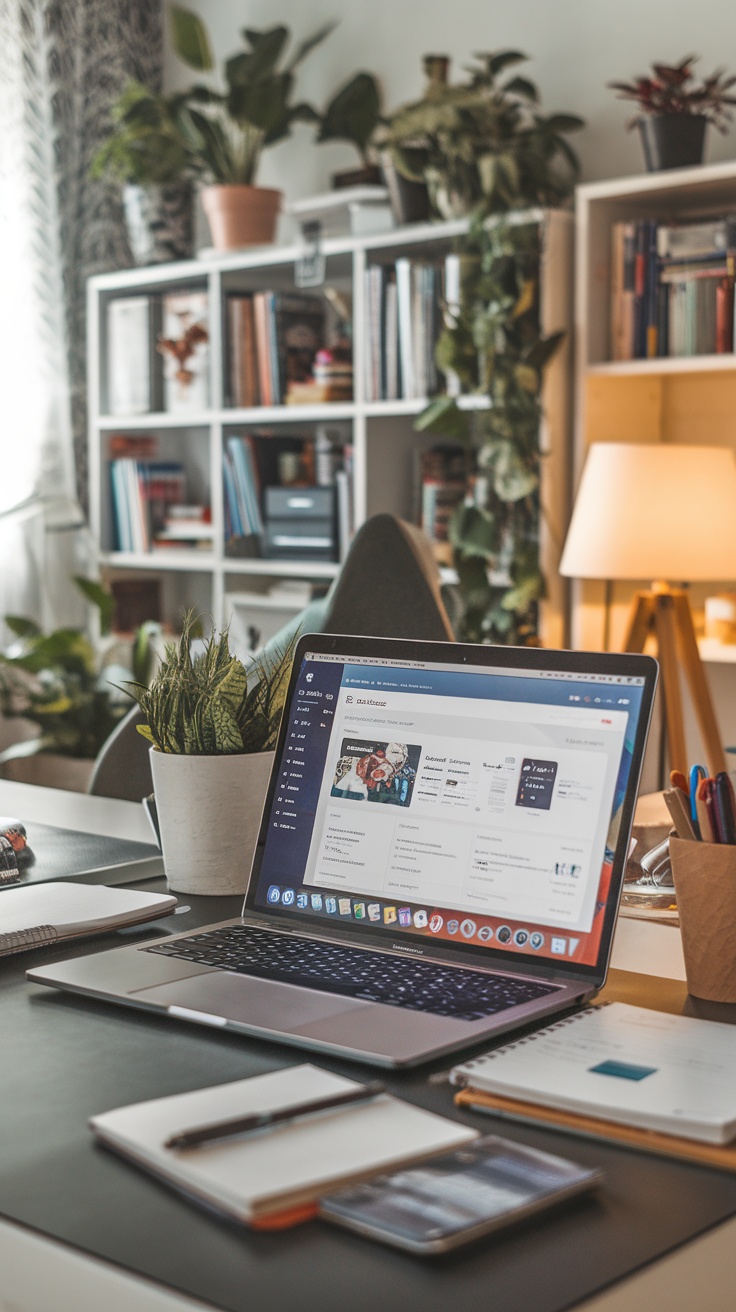 A cozy workspace featuring a laptop with a blog management interface, notebooks, and plants in the background.