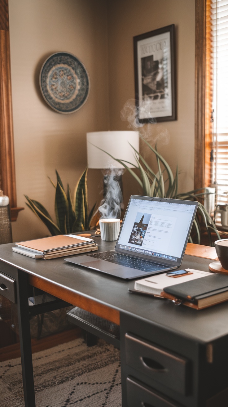 A cozy workspace featuring a laptop displaying a blog post, a steaming cup, and neatly organized notebooks.