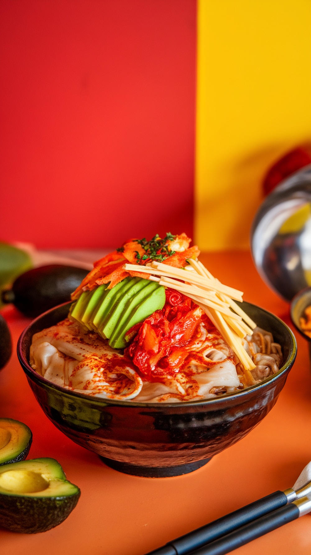 A bowl of instant noodles topped with avocado, kimchi, and vegetables against a colorful background.