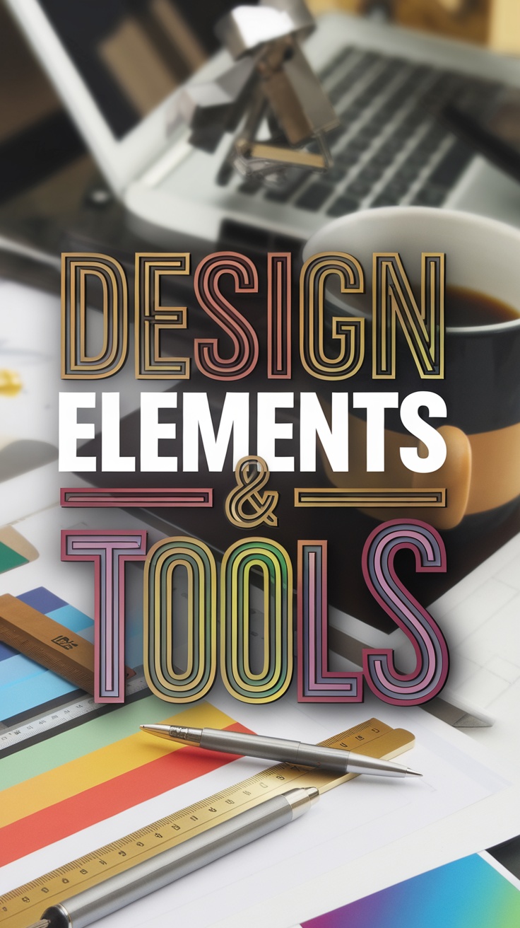 Design tools and elements on a workspace, including pens, rulers, colorful paper, and a laptop.