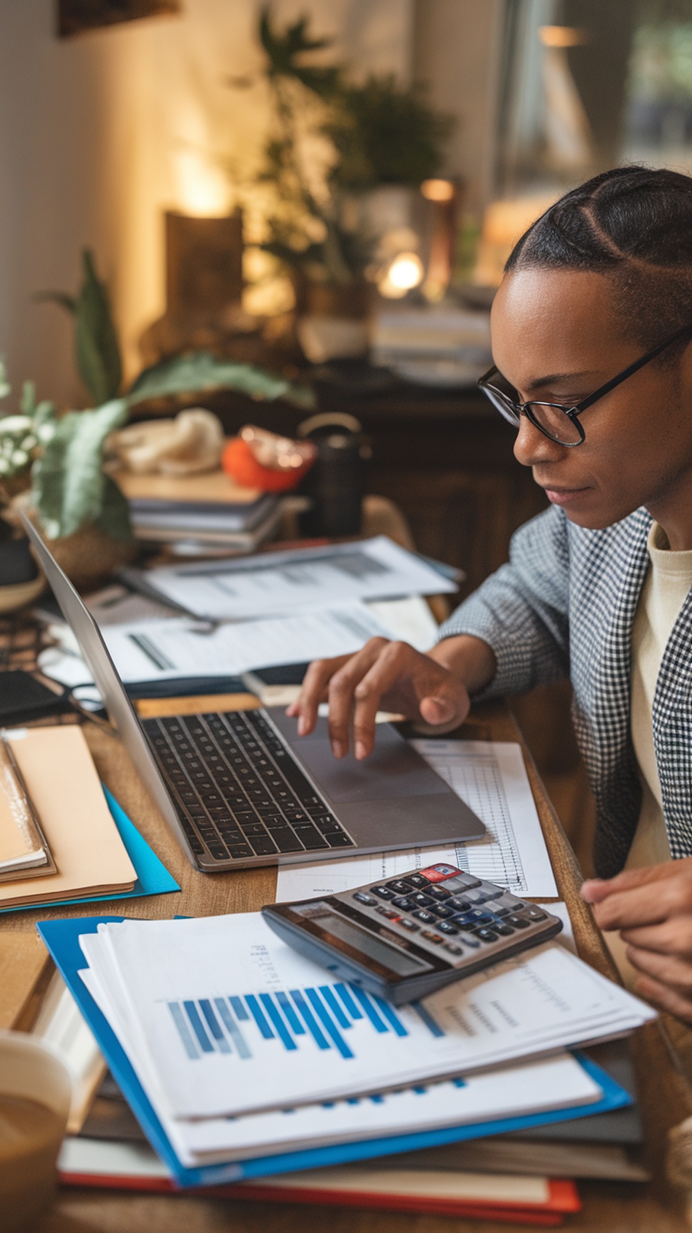 A focused individual working on a laptop with financial documents and a calculator on the desk.