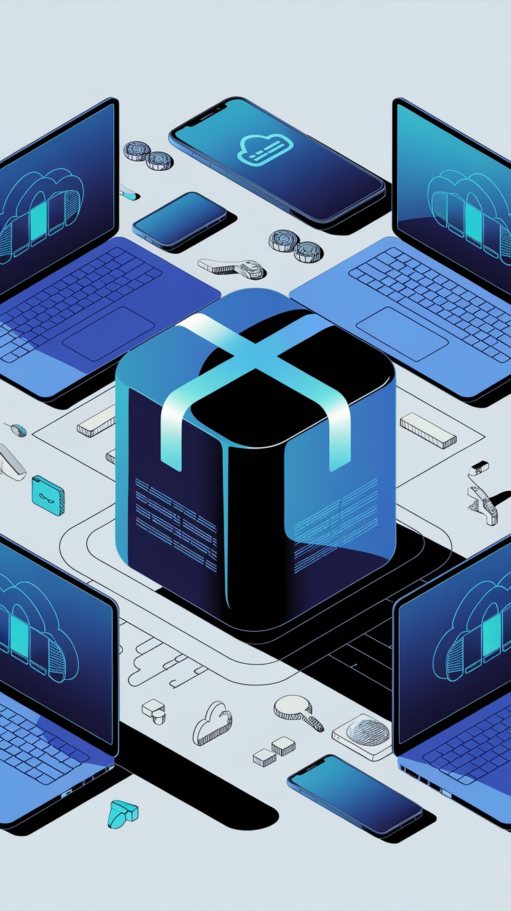 An illustration of Box, a file sharing tool, surrounded by laptops and smartphones, representing collaboration and cloud storage.