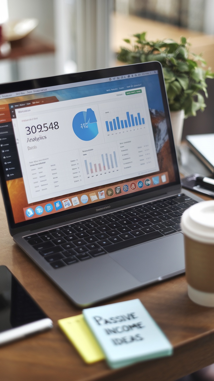 A laptop displaying analytics data on a desk with a coffee cup and sticky notes.