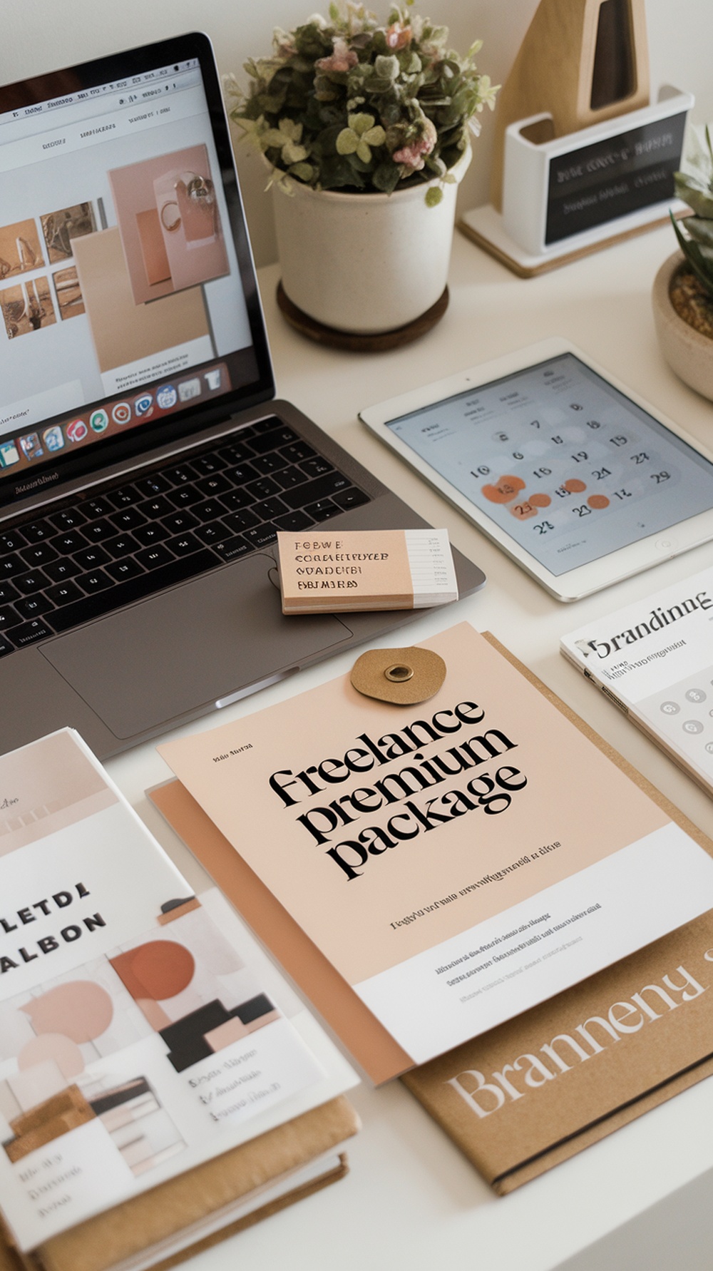 A workspace with a laptop displaying design work, a tablet with a calendar, and printed materials showcasing freelance packages.