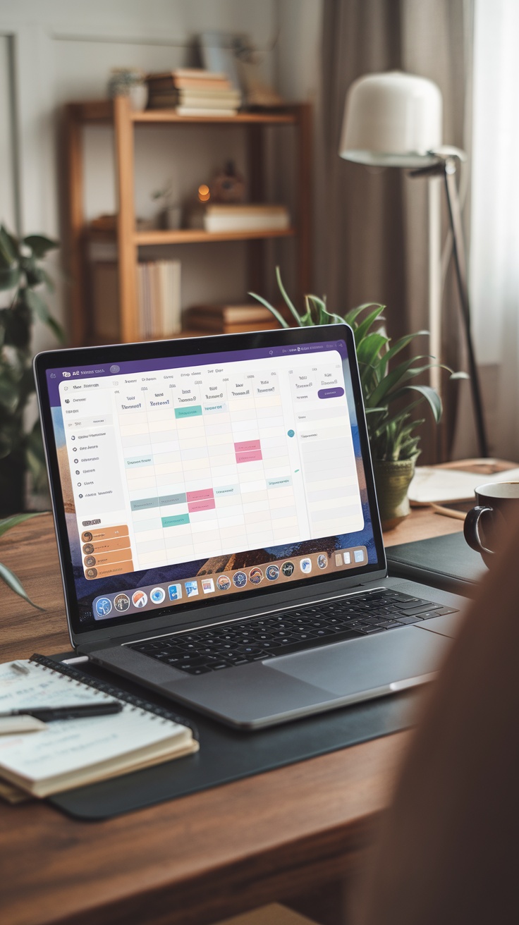 A laptop on a wooden desk displaying a colorful calendar interface in Calendly, surrounded by plants and a cup of coffee.