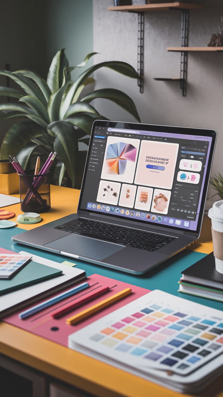 A creative workspace with a laptop displaying Canva, color palettes, and stationery.