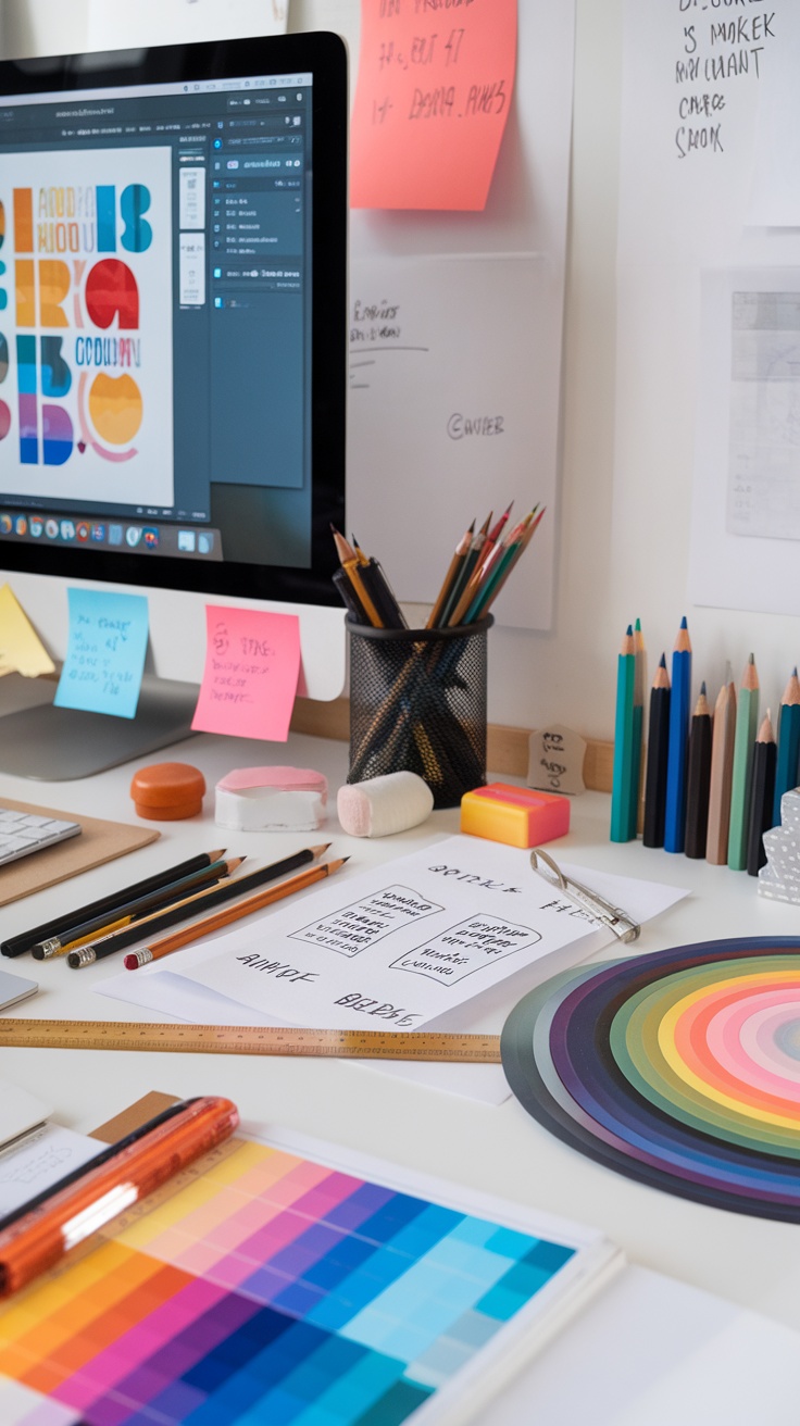 A creative workspace with a computer displaying colorful designs, pencils, a color palette, and organized materials.