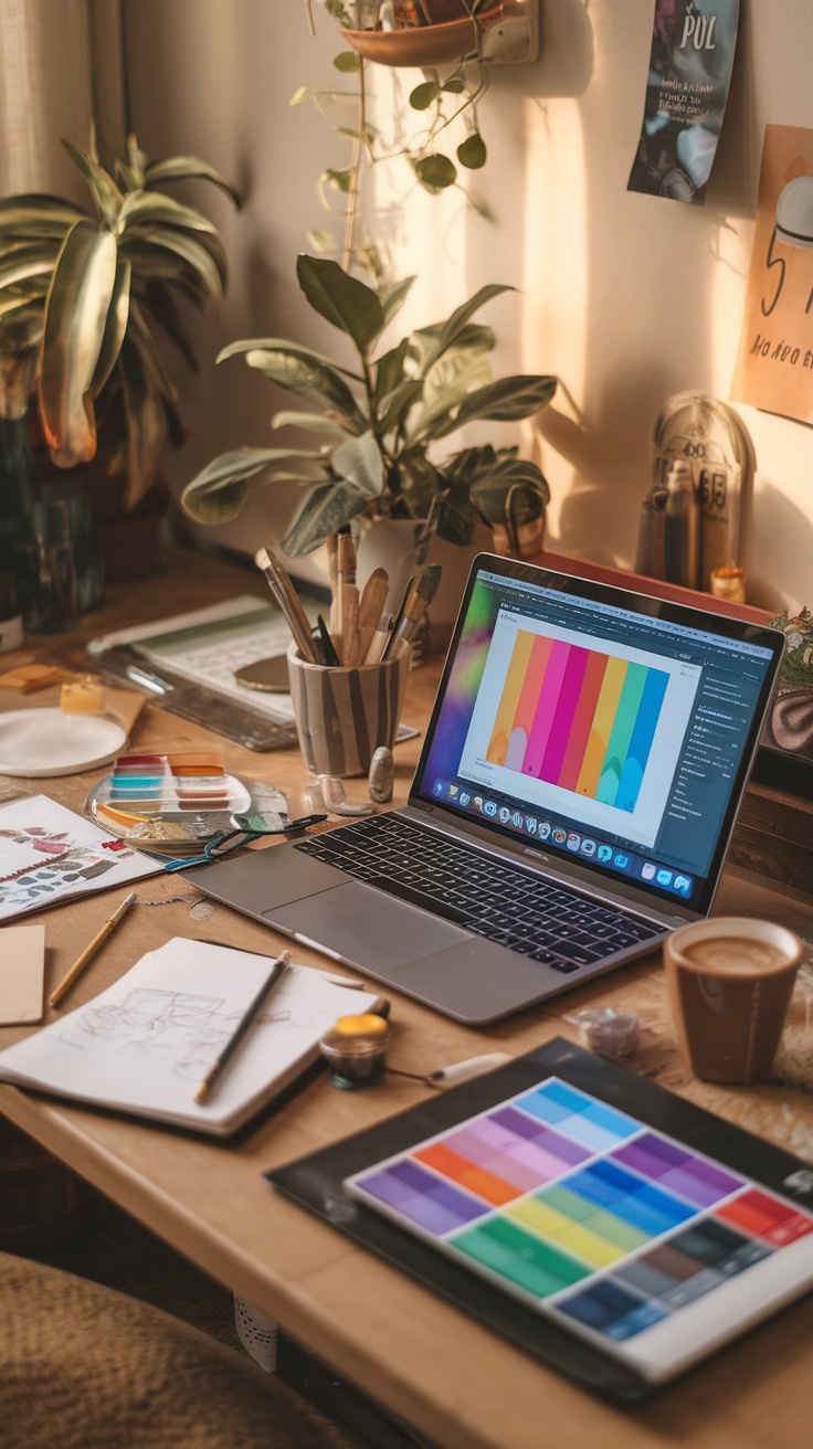 A creative workspace with a laptop displaying colorful palettes and various art supplies