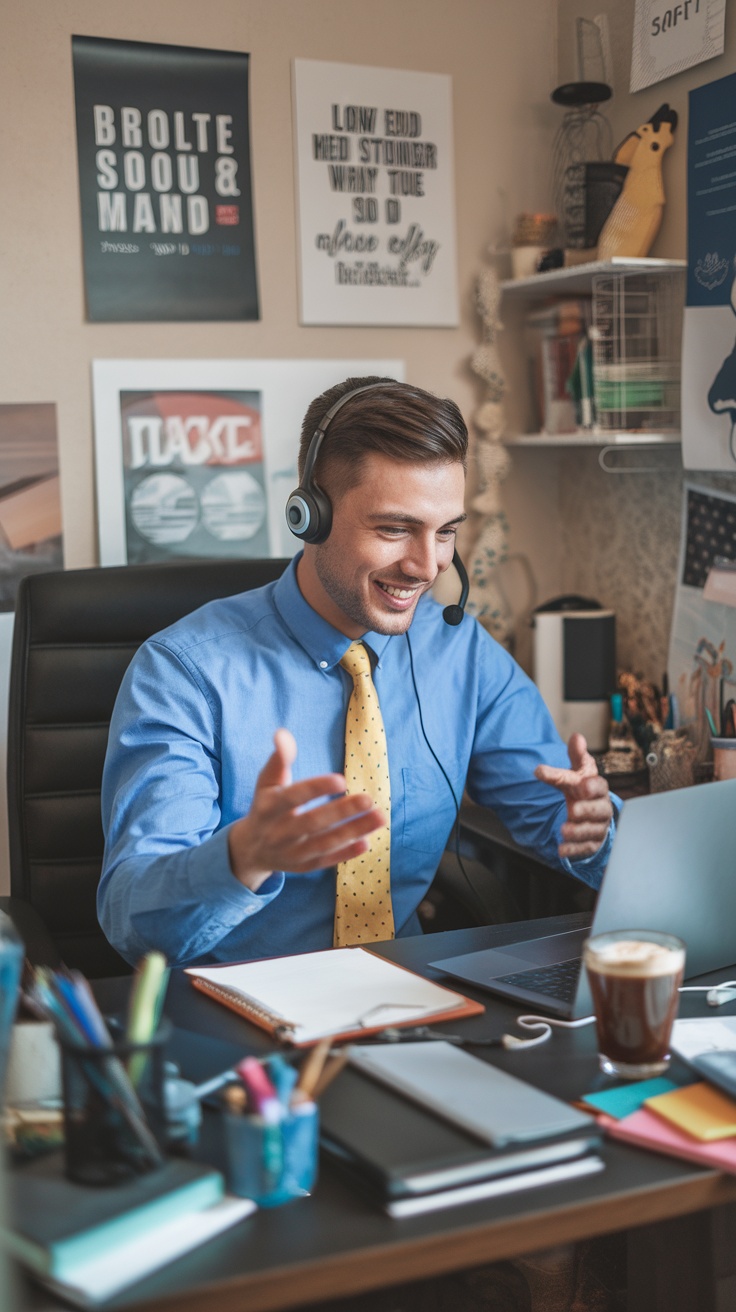 A chat support agent smiling while engaged in a conversation on their laptop.