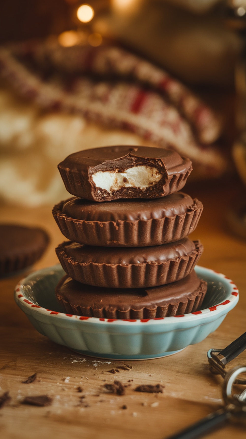 Chocolate marshmallow-filled dessert snack stacked on a plate.