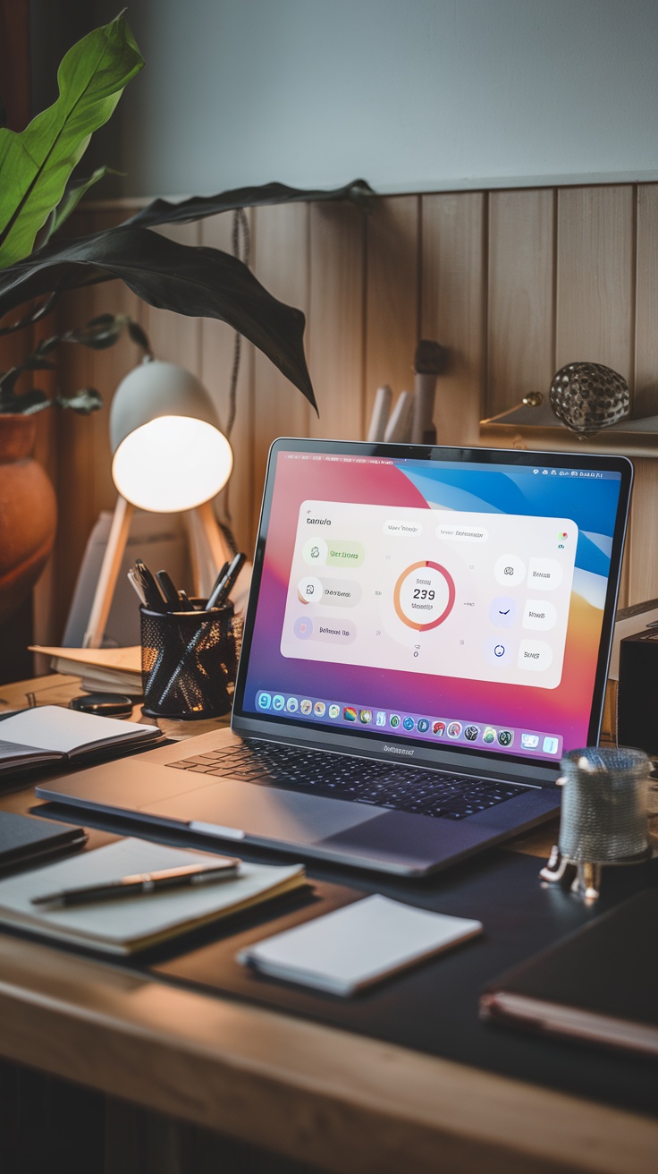 A laptop displaying the Clockify time tracking interface on a stylish desk setup.