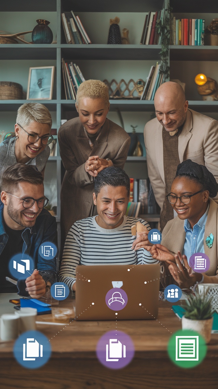 A diverse group of people collaborating around a laptop, illustrating teamwork and collaboration.