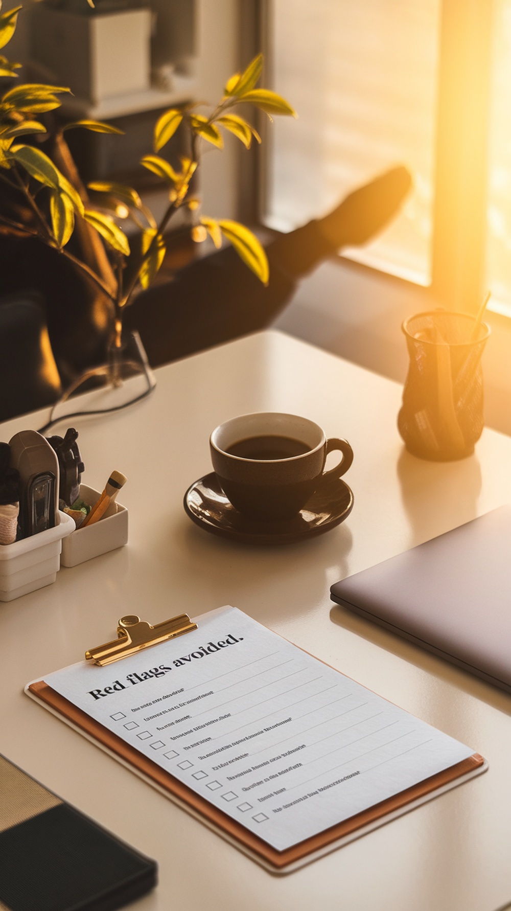 A cozy workspace with a checklist titled 'Red Flags Avoided' on a table next to a cup of coffee.