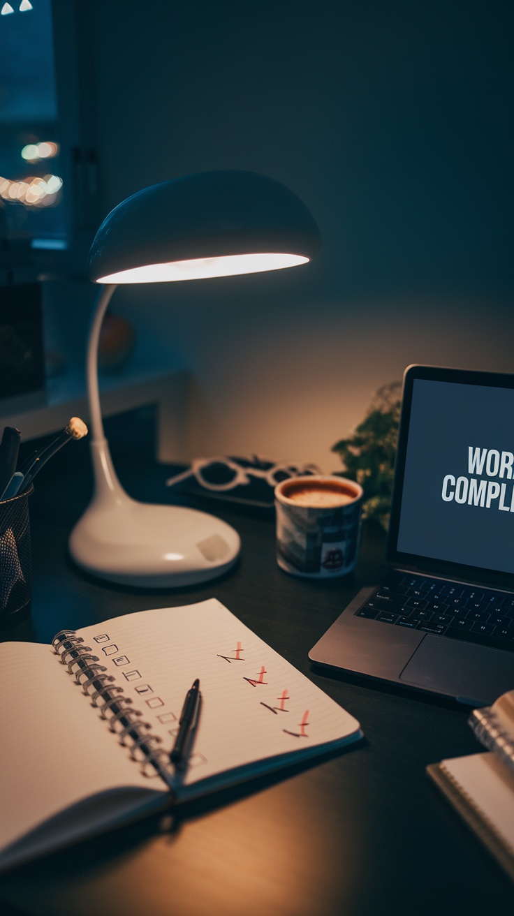 A workspace with a lamp, a laptop, a notebook, and a coffee cup, symbolizing productivity.