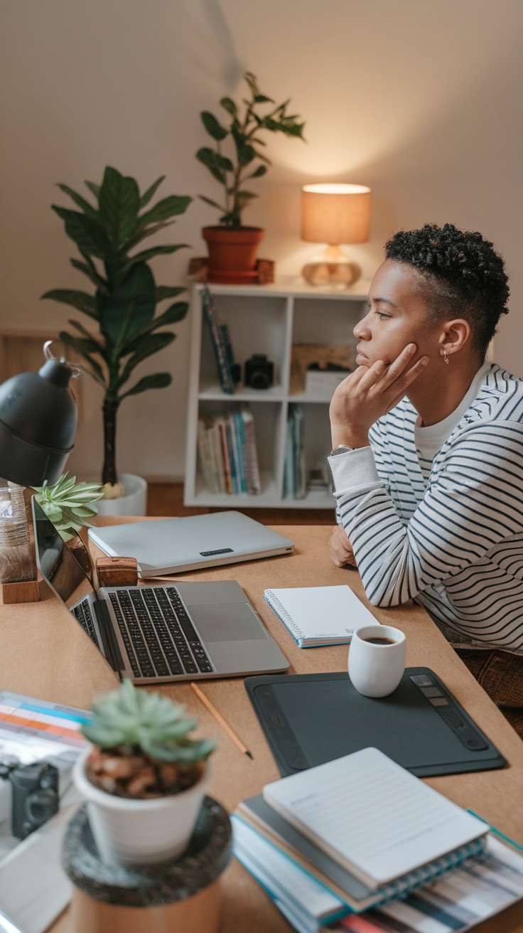 A person deep in thought at a desk with a laptop, notepad, and coffee, symbolizing freelance work.