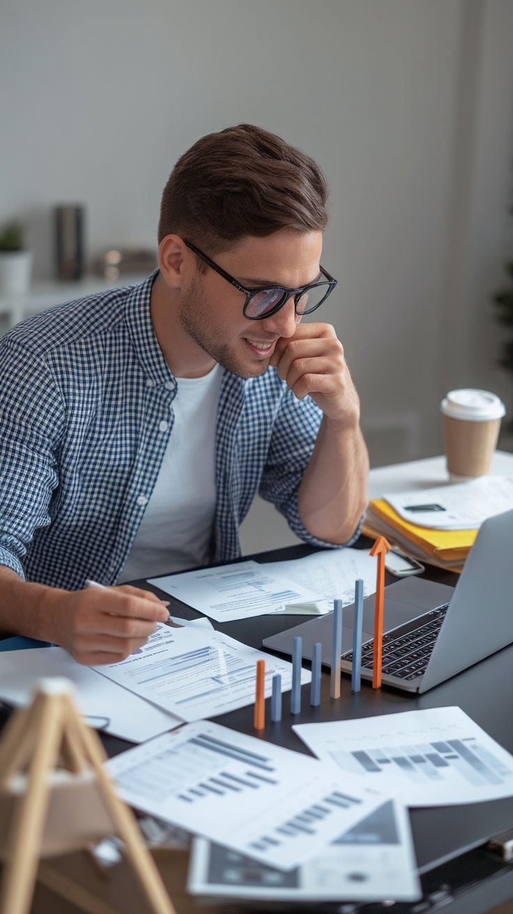 A focused freelancer analyzing financial data and growth metrics at a desk.