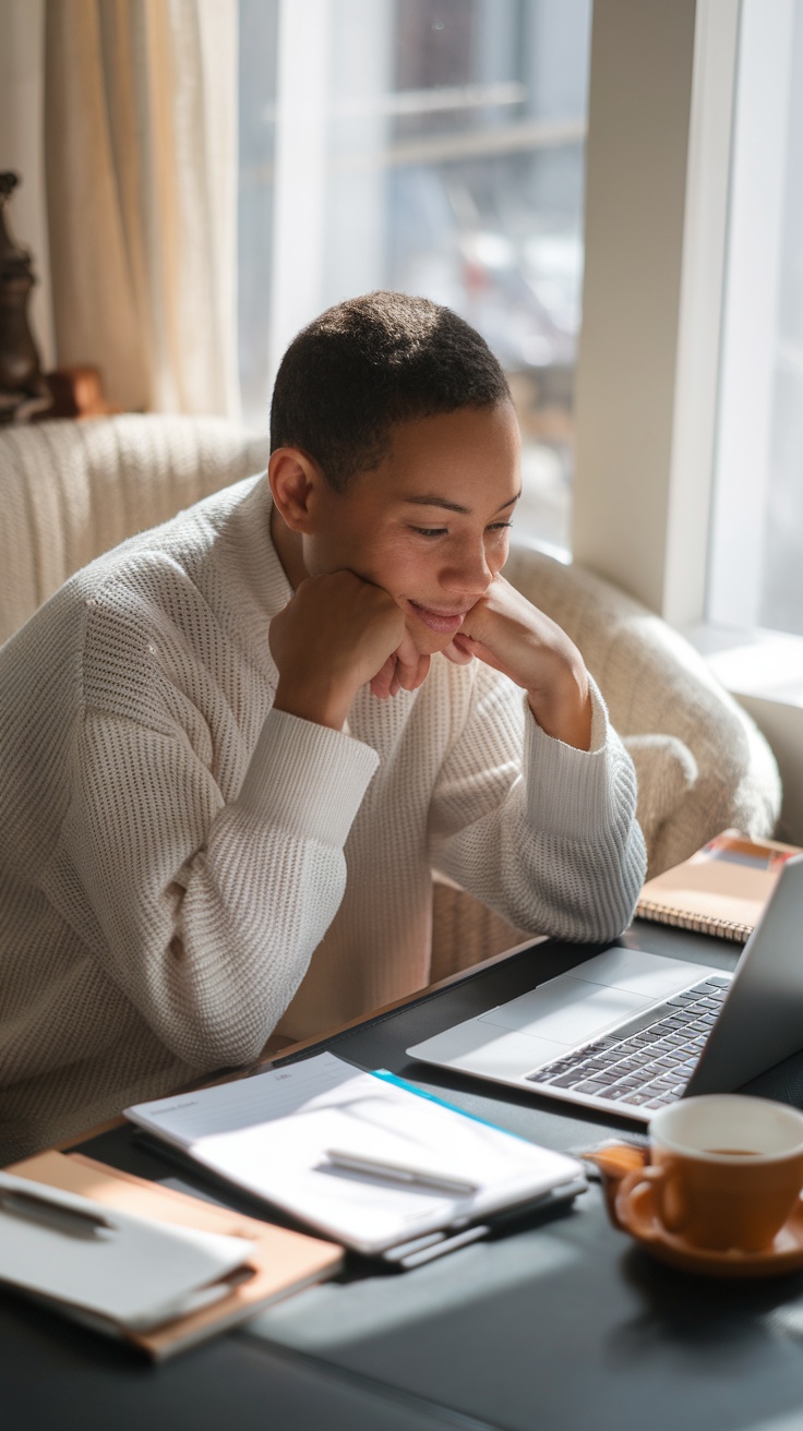 A focused individual working on a laptop at a cozy workspace.