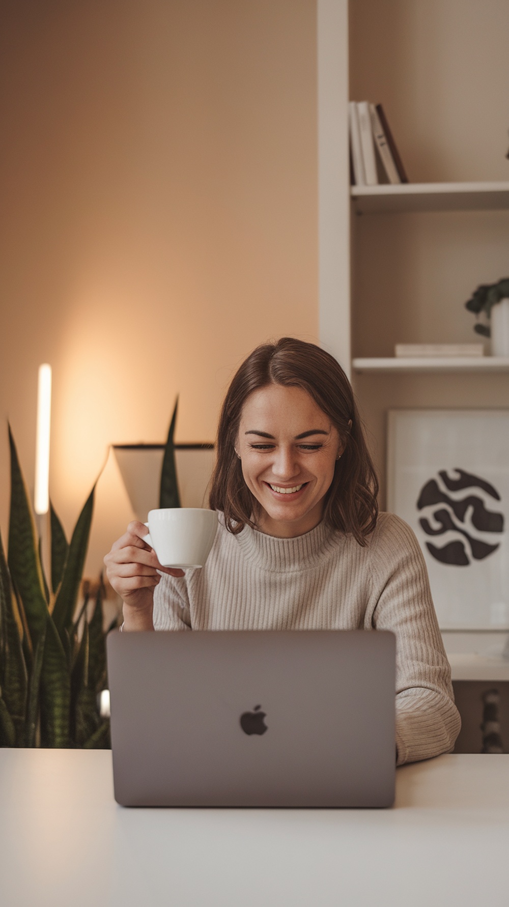 A smiling woman holding a coffee cup while working on her laptop