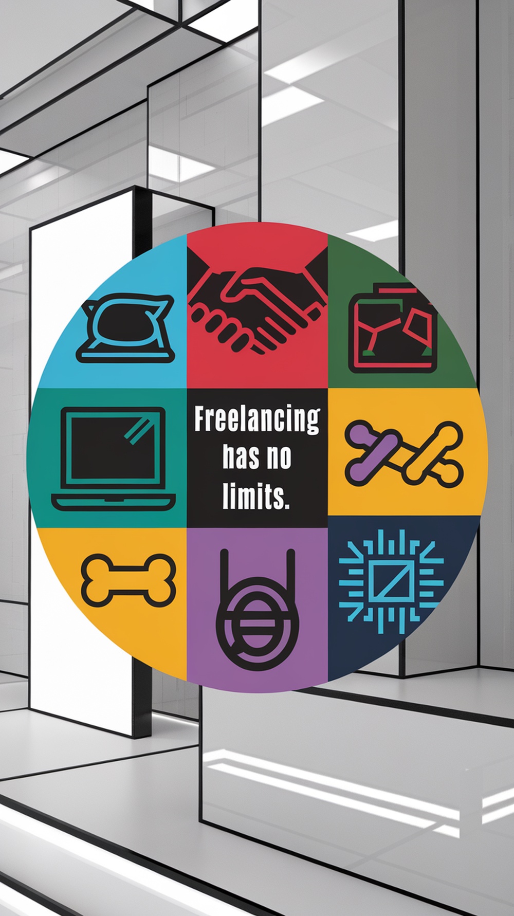 Graphic showing various freelance job icons with the text 'Freelancing has no limits.'