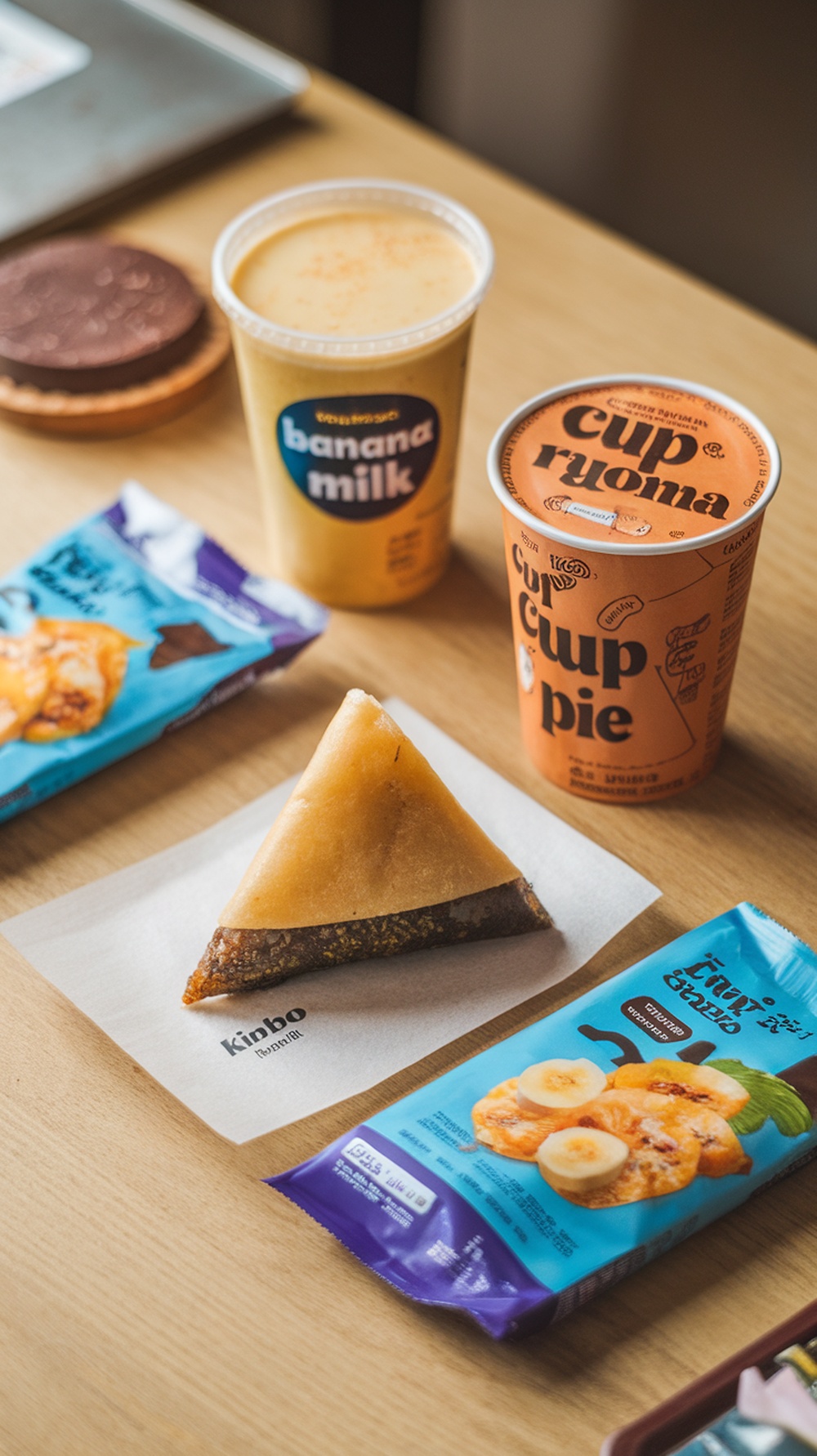 Delicious triangle-shaped rice cake filled with sweet red bean paste, alongside Korean snacks and beverages.