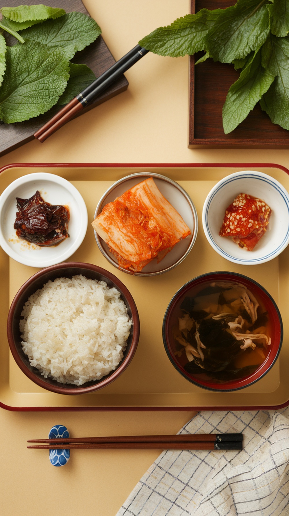 A balanced Korean meal featuring rice, kimchi, and broth.