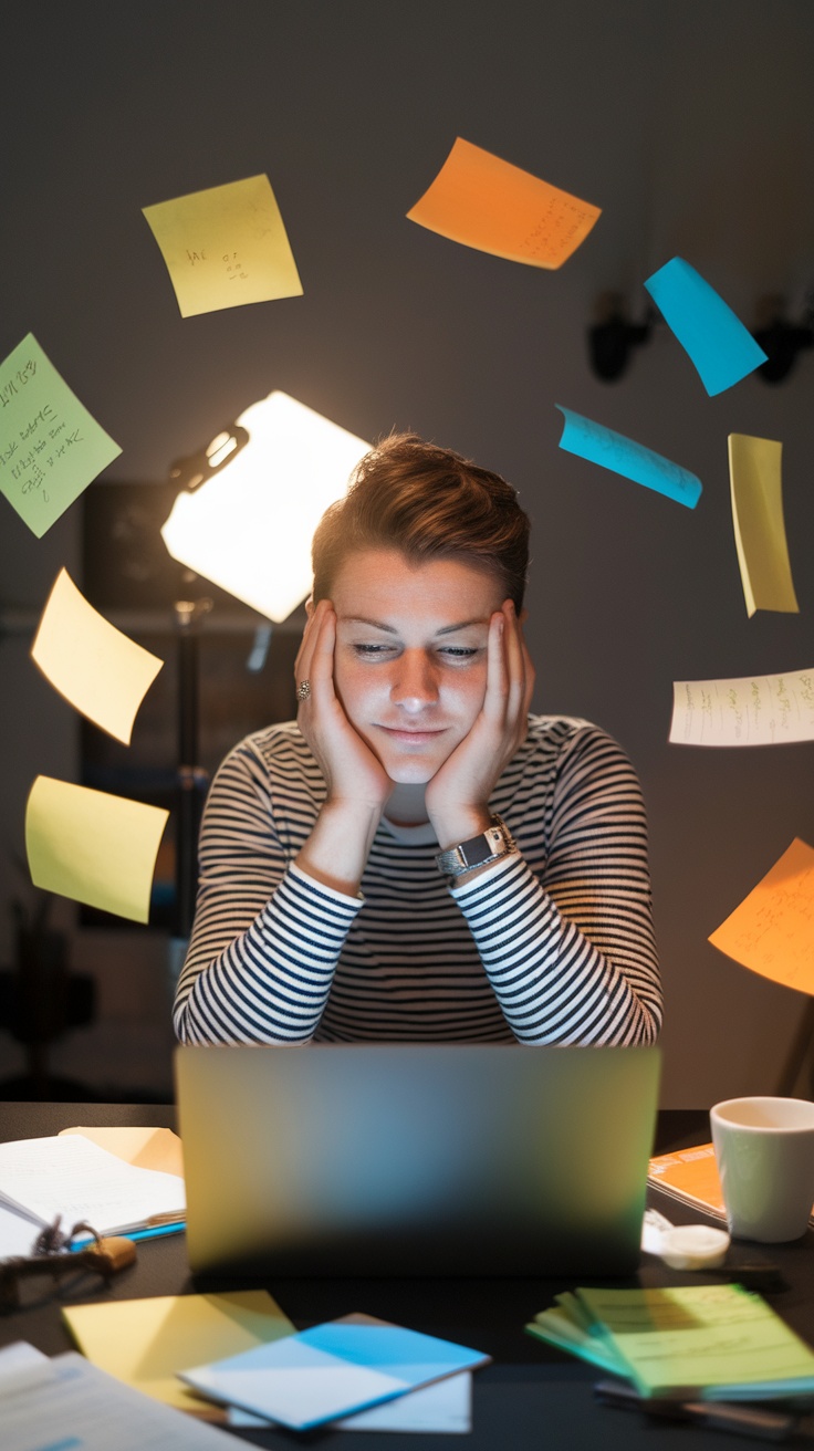 A person looking thoughtful with sticky notes around them while working on a laptop.