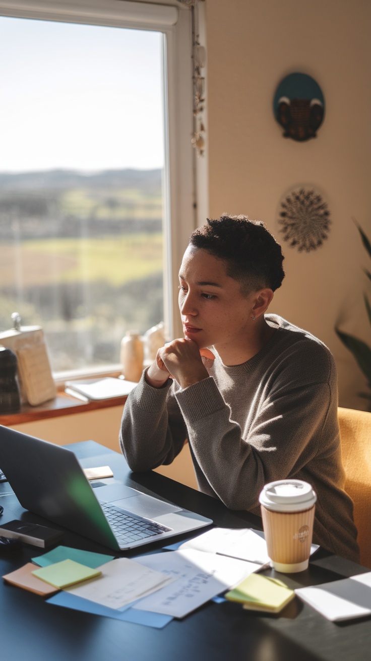 A person deep in thought while working at a desk with a laptop and notes.