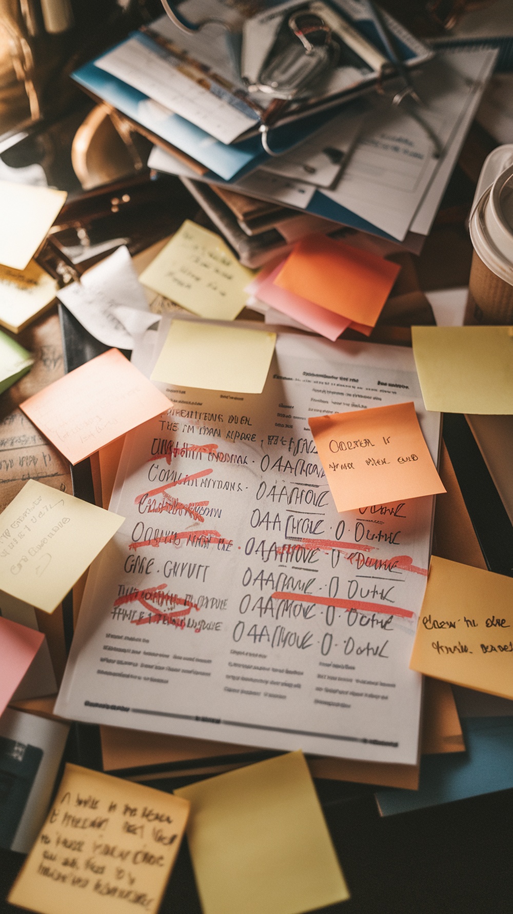 A cluttered workspace with notes and documents showing disorganization and changes.