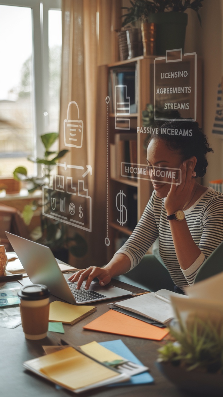 A freelancer working on a laptop, surrounded by notes, illustrating the concept of content licensing for passive income.