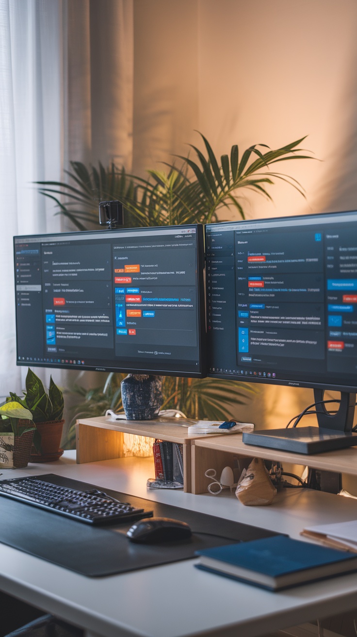 A modern workspace featuring dual monitors with content moderation tasks displayed.