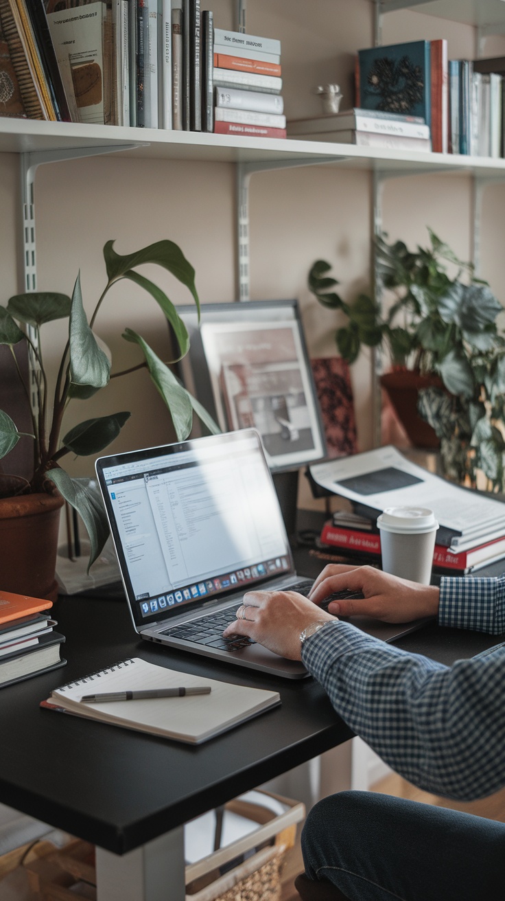 A cozy workspace with a laptop, notepad, and books, showing an ideal setting for a content writer.