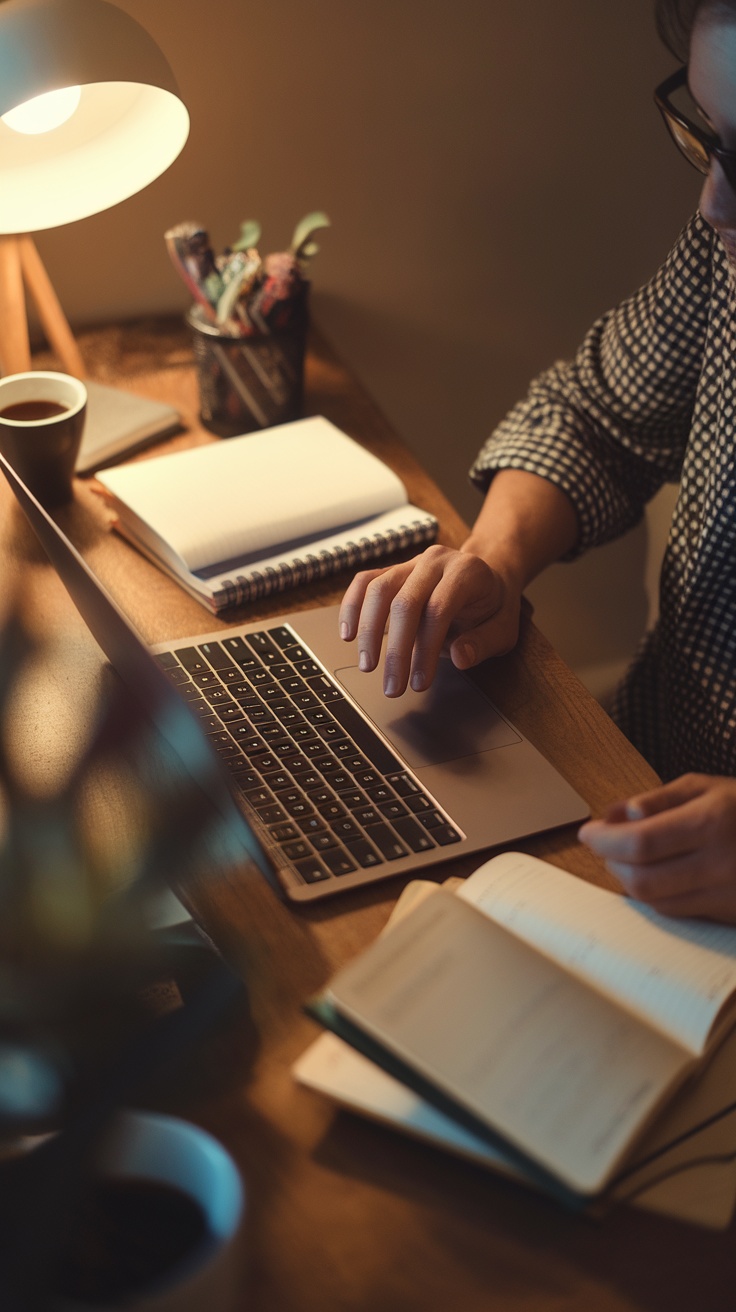 A person typing on a laptop in a cozy workspace with notebooks and a cup of coffee.