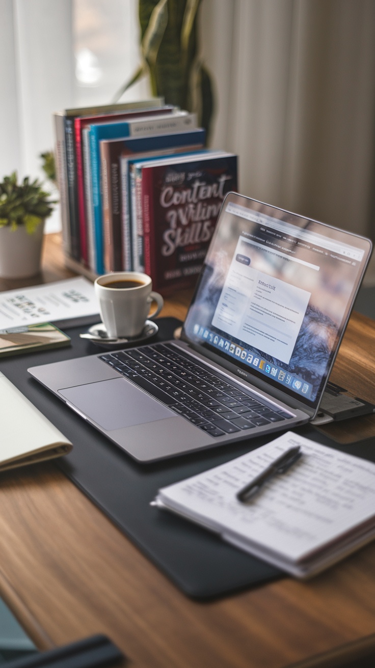 A workspace featuring a laptop, coffee cup, books on content writing, and notes for writing.