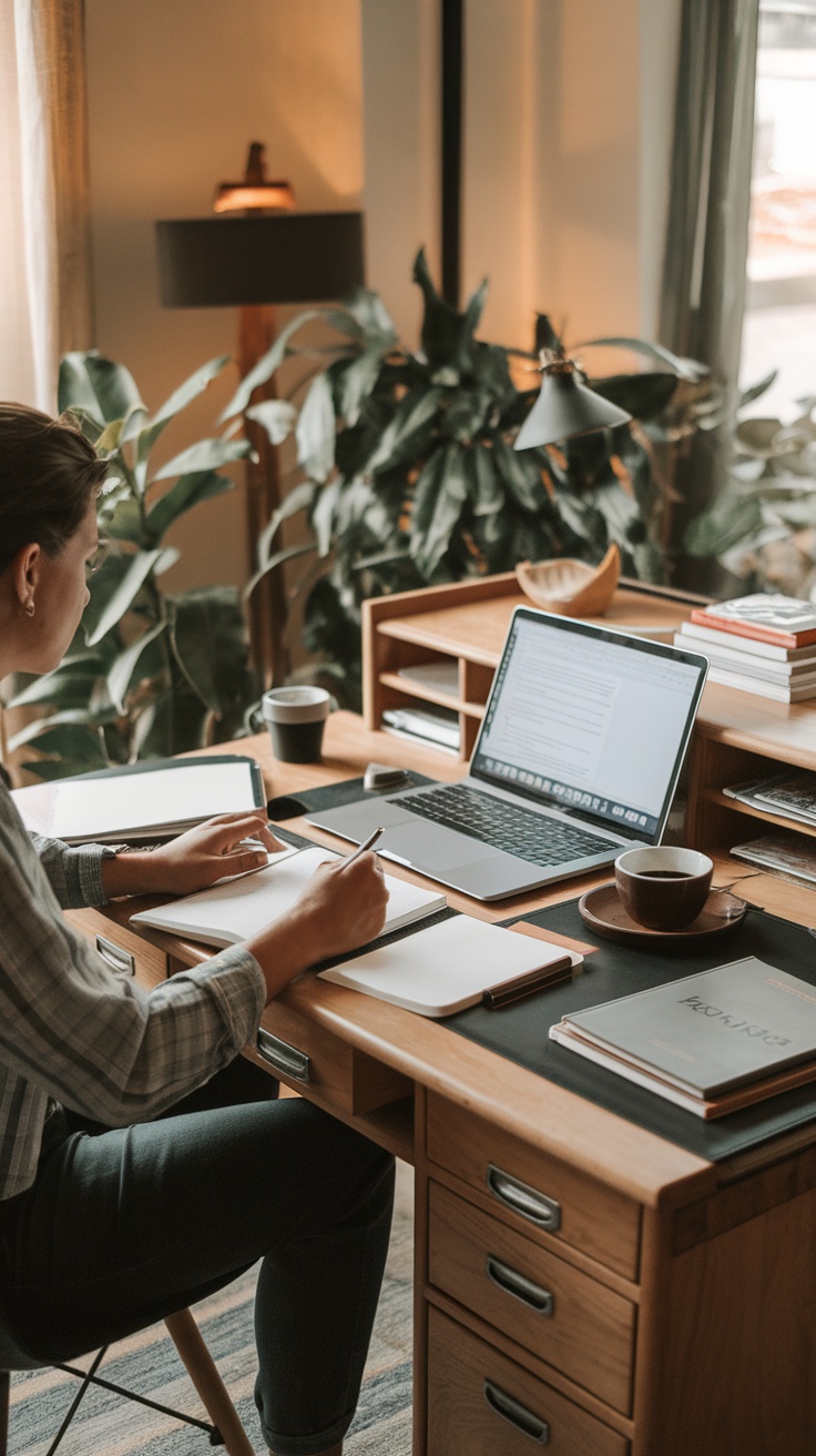 A person writing at a well-organized desk with plants and a laptop