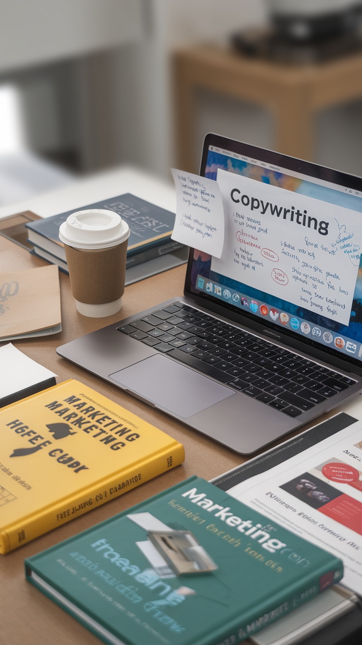 A cozy workspace featuring a laptop with a note labeled 'Copywriting', books on marketing, and a coffee cup.