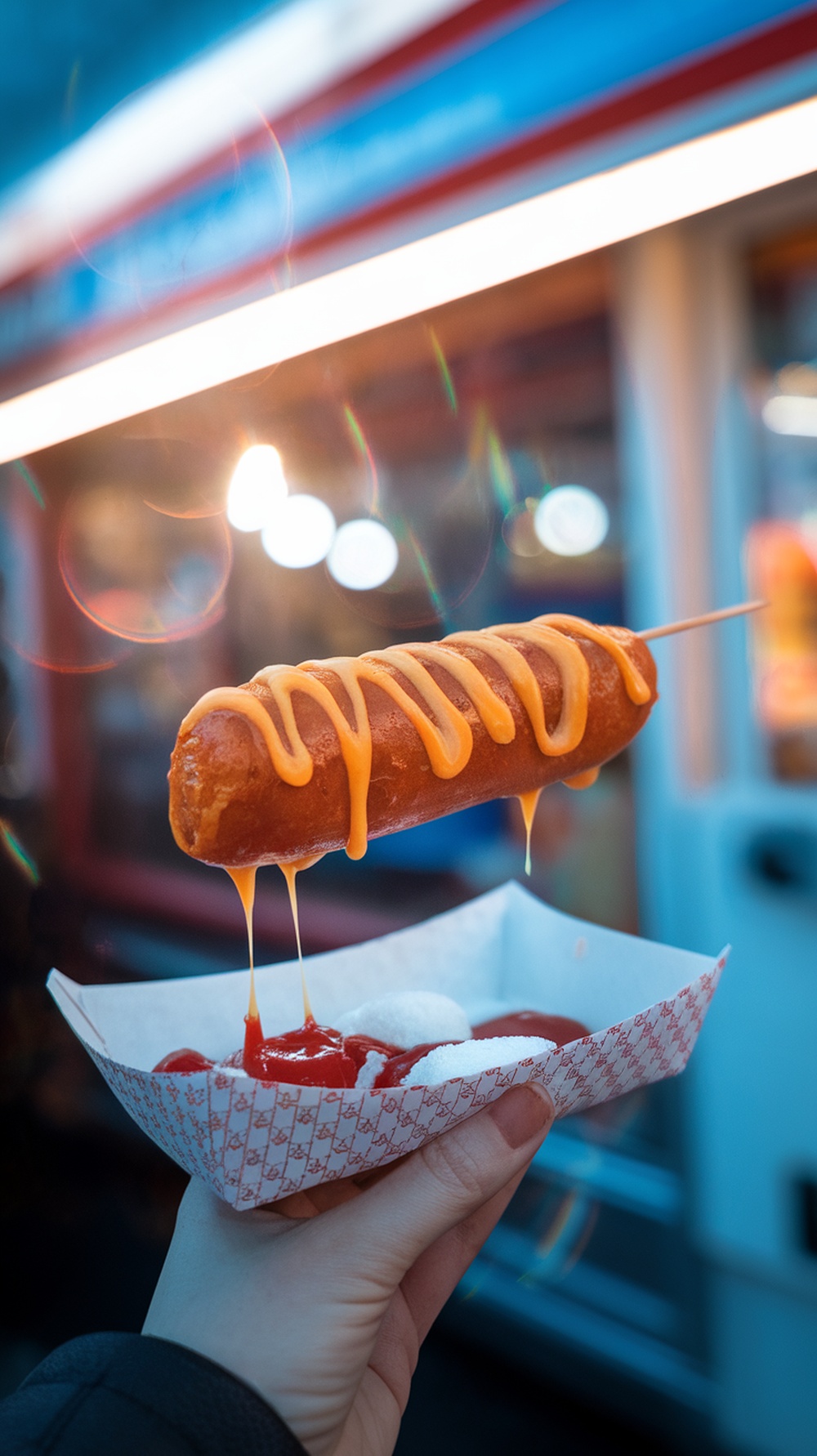 A delicious Korean-style corn dog drizzled with cheese sauce