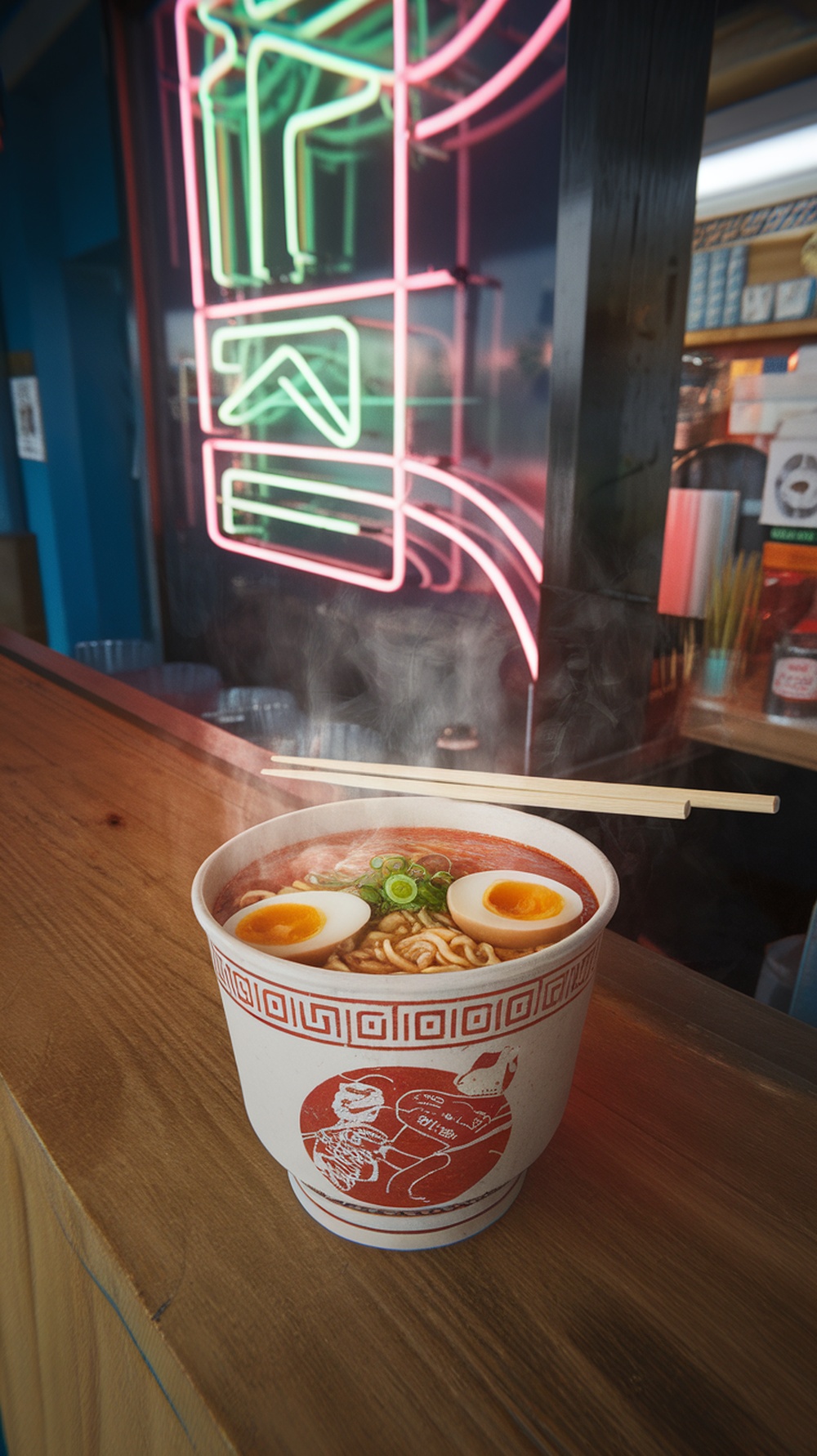 A steaming bowl of Cup Ramyeon with soft-boiled egg and green onions.