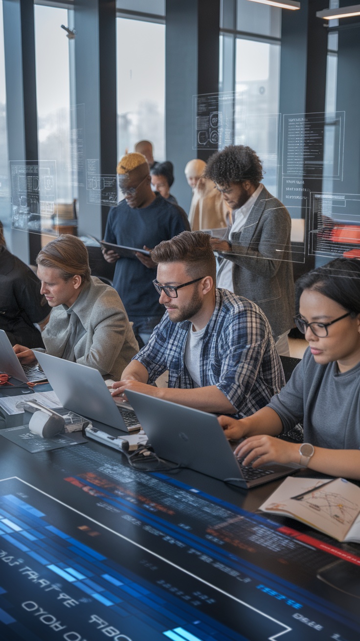 A group of professionals engaged in custom software development, working on laptops in a modern office environment.