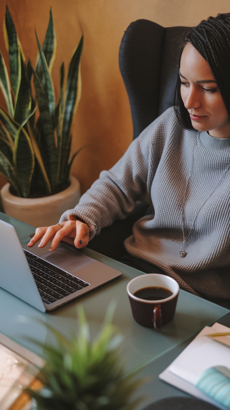 A person working on a laptop in a cozy environment with plants and a cup of coffee