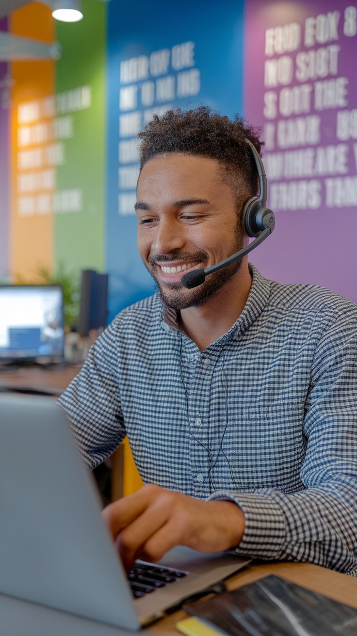 A person working in customer service with a headset, smiling while using a laptop in a colorful office setting.