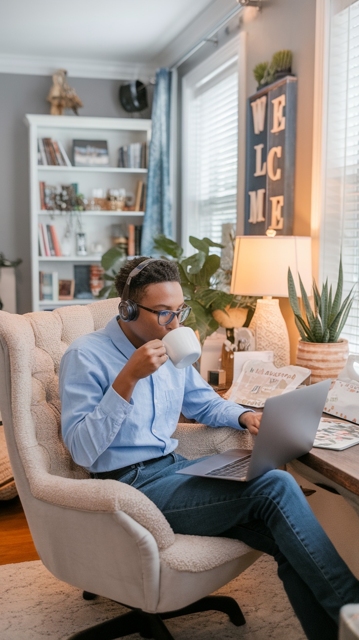 A person sitting in a cozy chair, sipping coffee, and working on a laptop in a well-decorated home office.