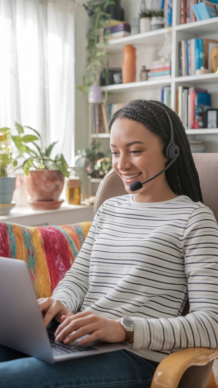 A smiling woman wearing a headset, working on a laptop in a cozy room