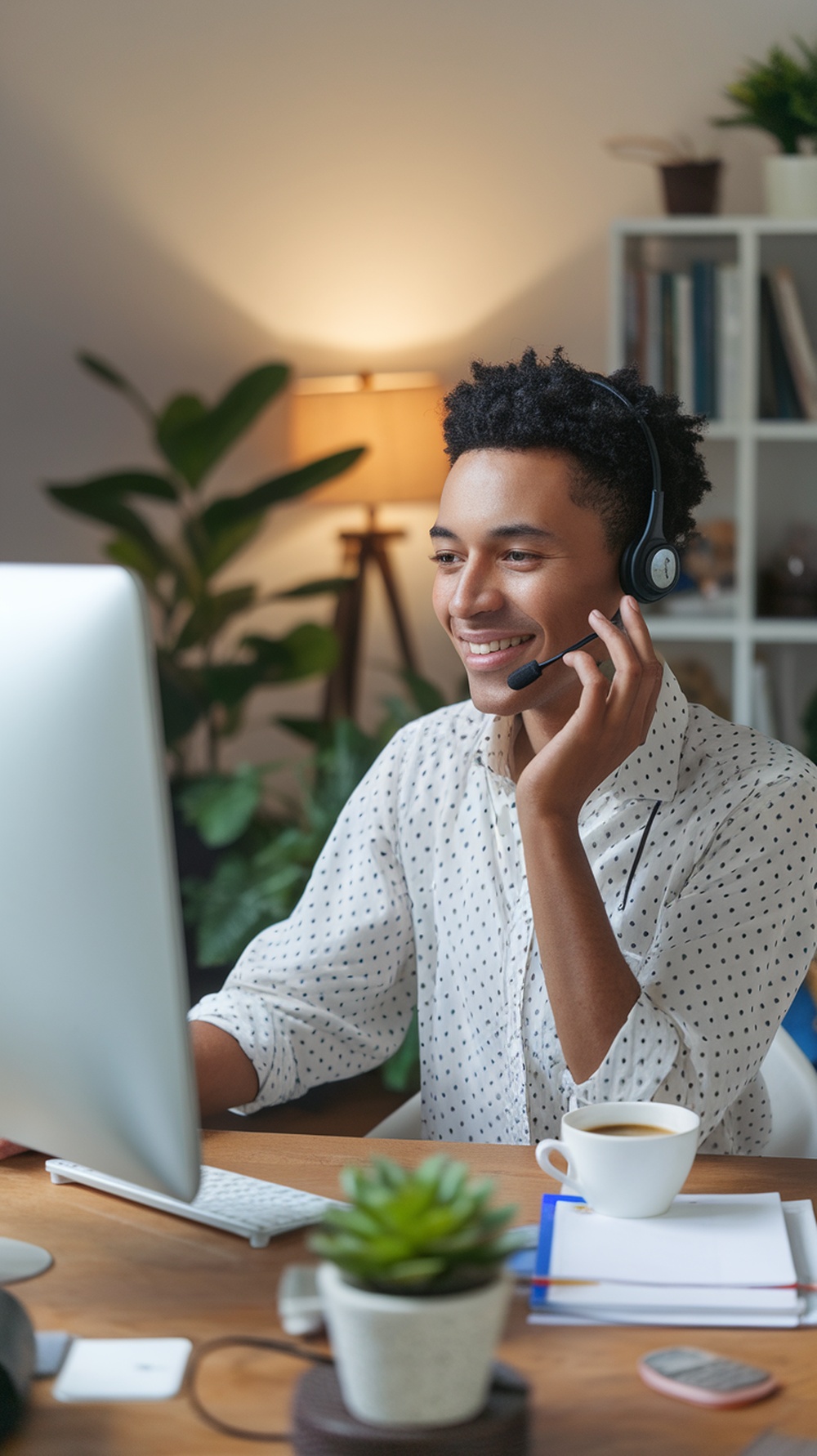 A customer service representative smiling while on a call at their desk