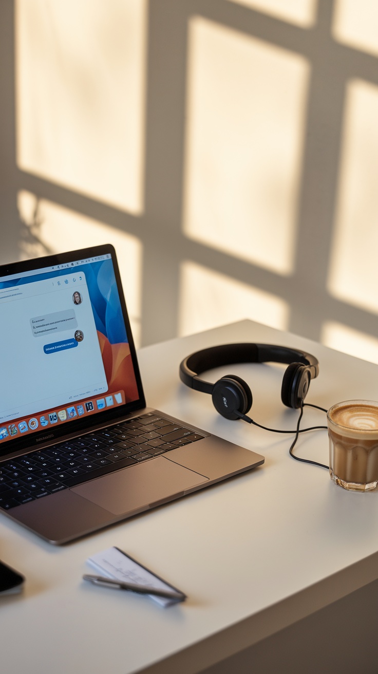 A laptop on a desk showing a customer support chat interface, with a headset and a cup of coffee nearby.
