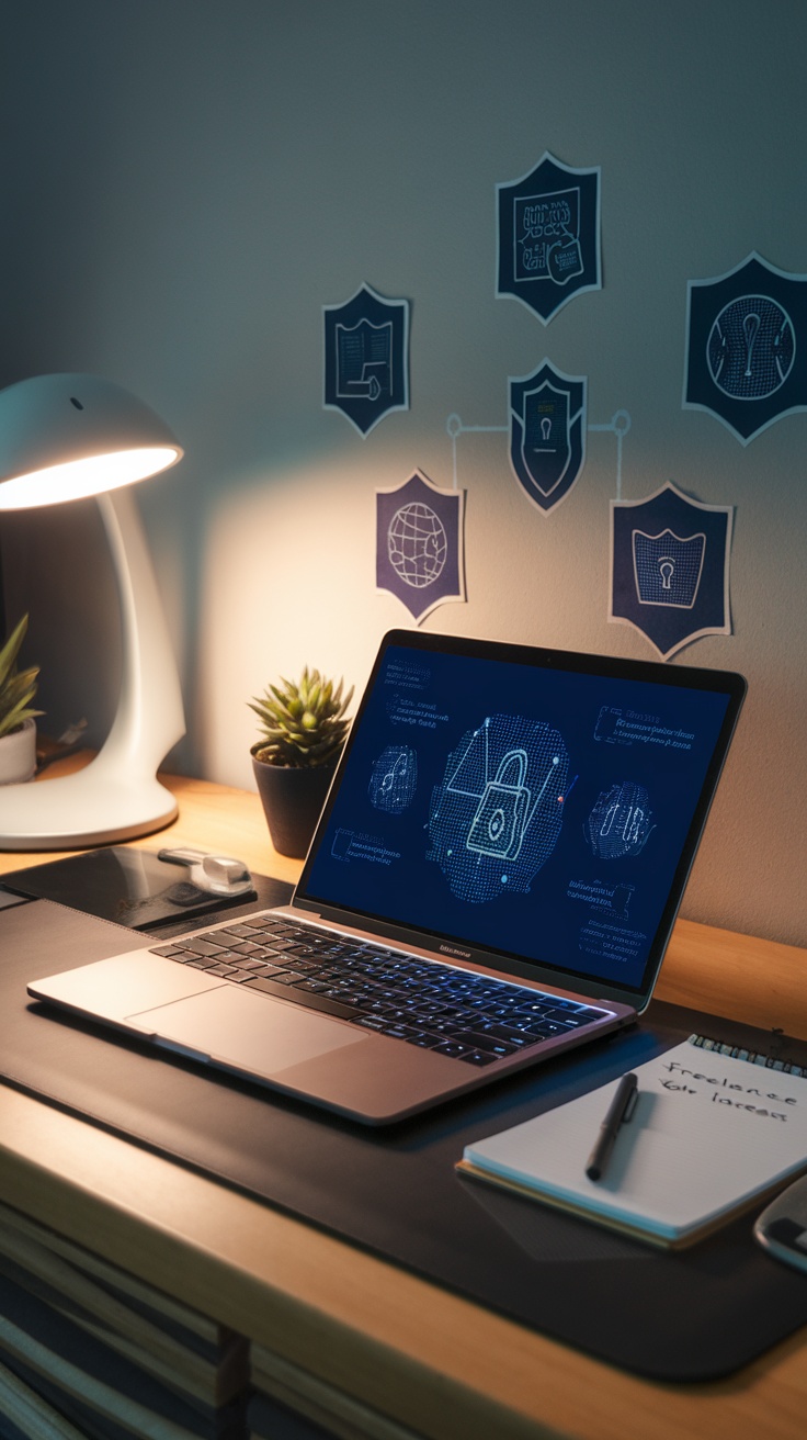 A desk with a laptop displaying cybersecurity graphics, surrounded by icons symbolizing digital security.