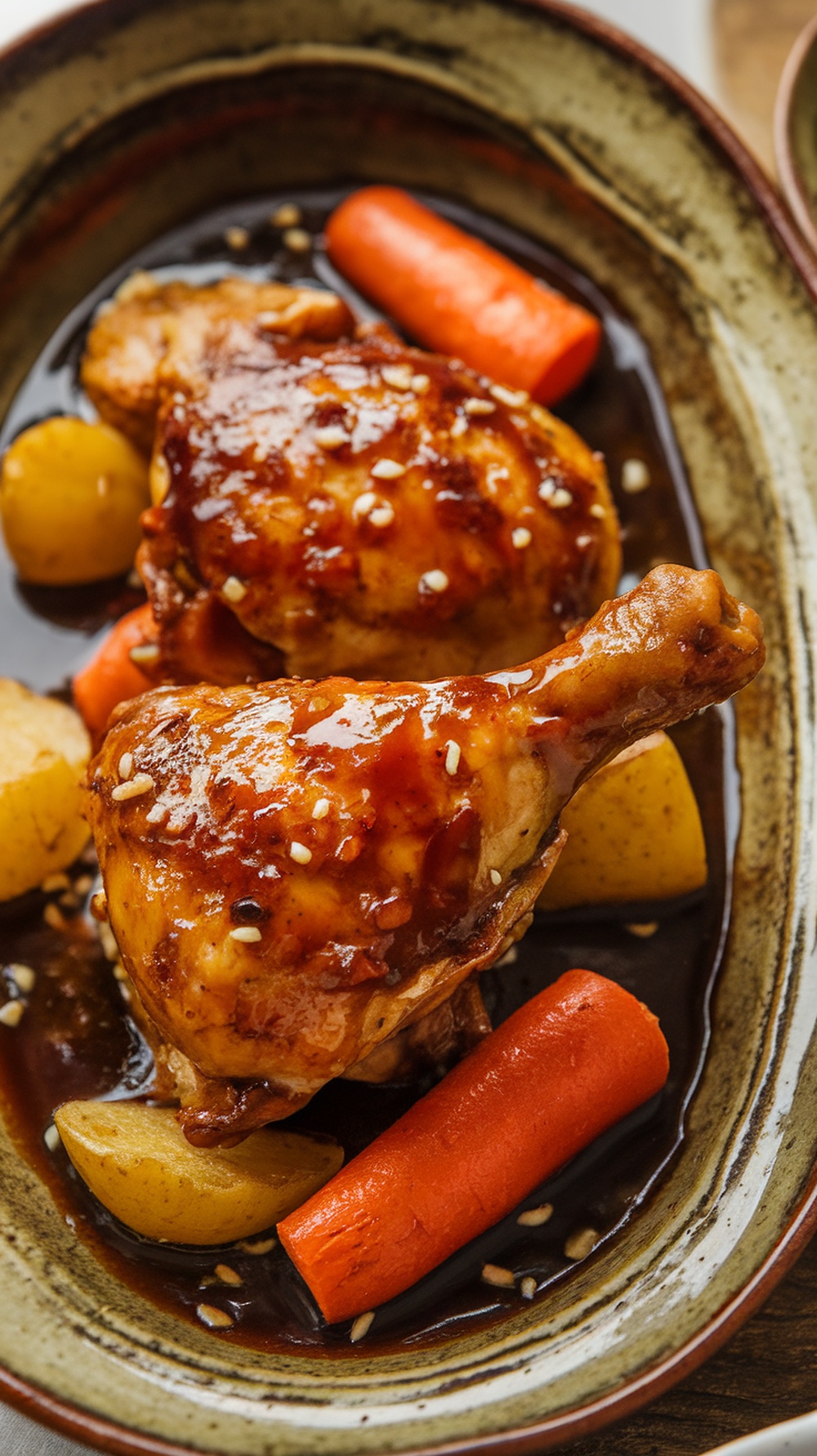A bowl of Dak Jjim, featuring braised chicken with carrots and potatoes in a rich, savory sauce.