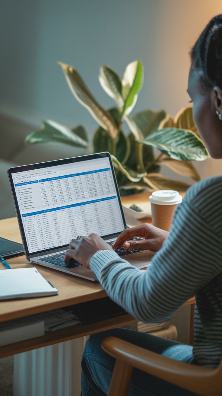 A person typing on a laptop with a spreadsheet open, focused on data entry work.